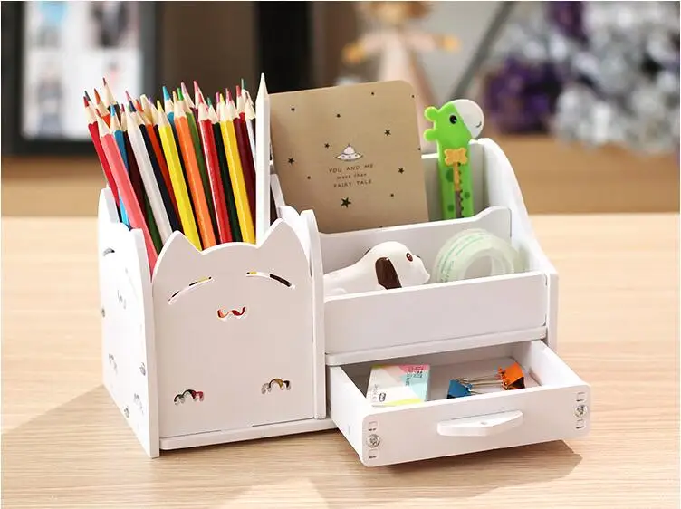 Desktop DIY Cute Cat Pattern Pen Stationary Holder DIY Pen Stationary Storage Box