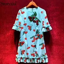 Svoryxiu Подиум новое летнее синее платье с принтом вишни Женские Элегантные Короткие рукава с оборками бисером свободное повседневное фруктовое короткое платье