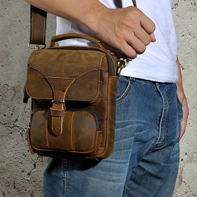 Men Crazy Horse Small Messenger Tote Handbags Genuine Leather Vintage Top Handle Bag Shoulder ...