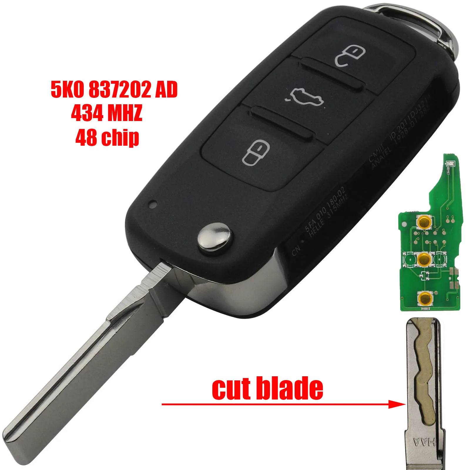 

jingyuqin cut blade 434MHZ With ID48 Chip Remote Key For VW Volkswagen GOLF PASSAT Tiguan Polo Jetta Beetle Hella 5K0837202AD
