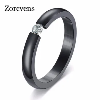 ZORCVENS 3mm Simple High Polished 4 Colors Stainless Steel Cubic Zirconia Stone Engagement Wedding Rings for Woman