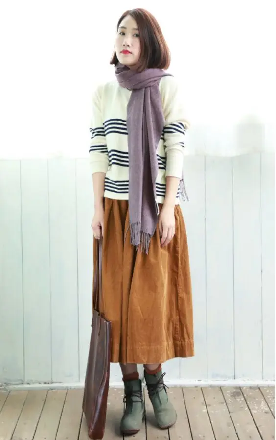 Literature Plus Size Style Corduroy Skirt Mid-length Vintage Loose A-line Type Skirt Elastic Waist Pleated Bubble Long Skirt 14