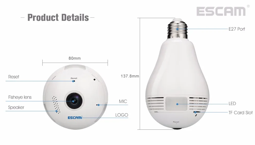 NEW ESCAM Watt QP135 Bulb Type Panoramic WIFI IP Camera H.264 1.3MP Two Way Audio Motion Detection Support 128G TF Card (23)