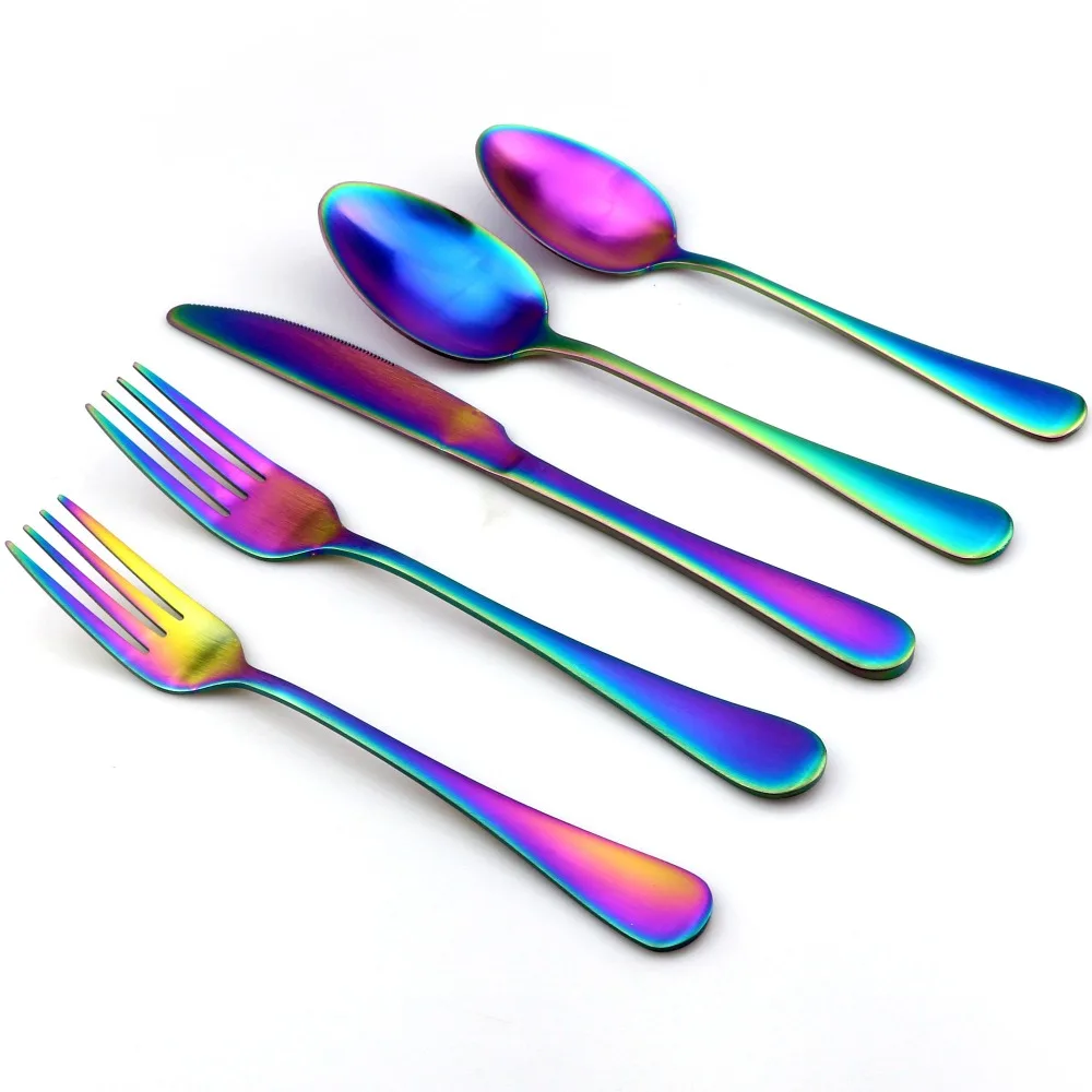 30Pcs/Lot Iridescent Rainbow Cutlery Set Dinner Knife Colored Stainless Steel Multicolor