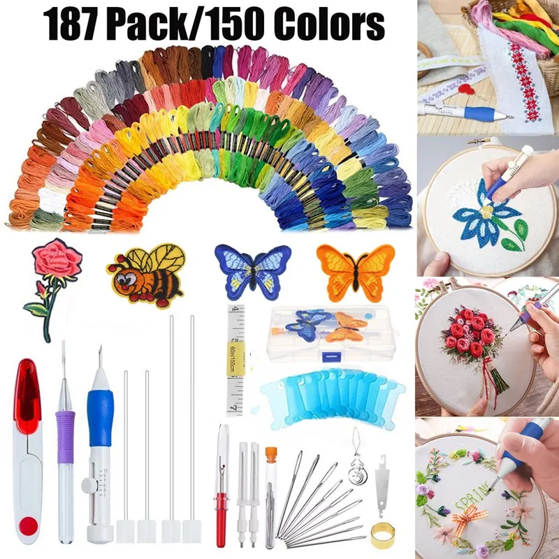 

KiWarm 187 In 1 Magic DIY Embroidery Needle Pen Knitting Sewing Tool Kit w/150 Threads Plastic+Steel DIY Handmade Embroidery