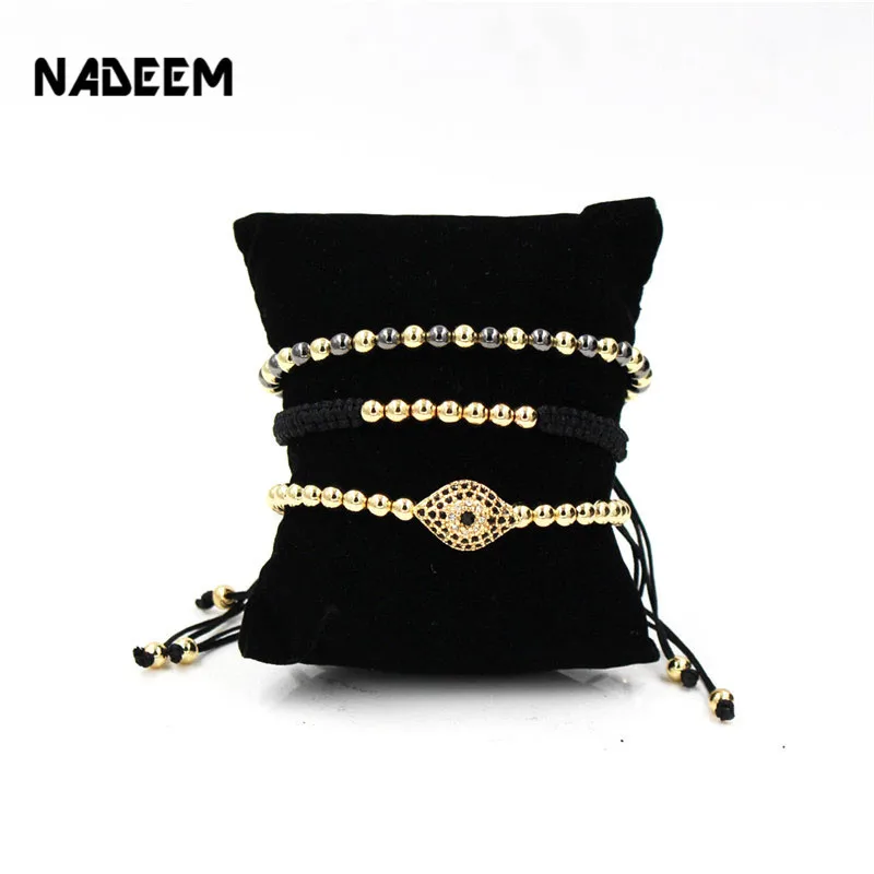 

NADEEM 3Pcs/Sets Micro Pave CZ Eye Charm 5mm Copper Beads Strand Couple Bracelet Set Handmade Wristband Wrap Braiding Bracelets