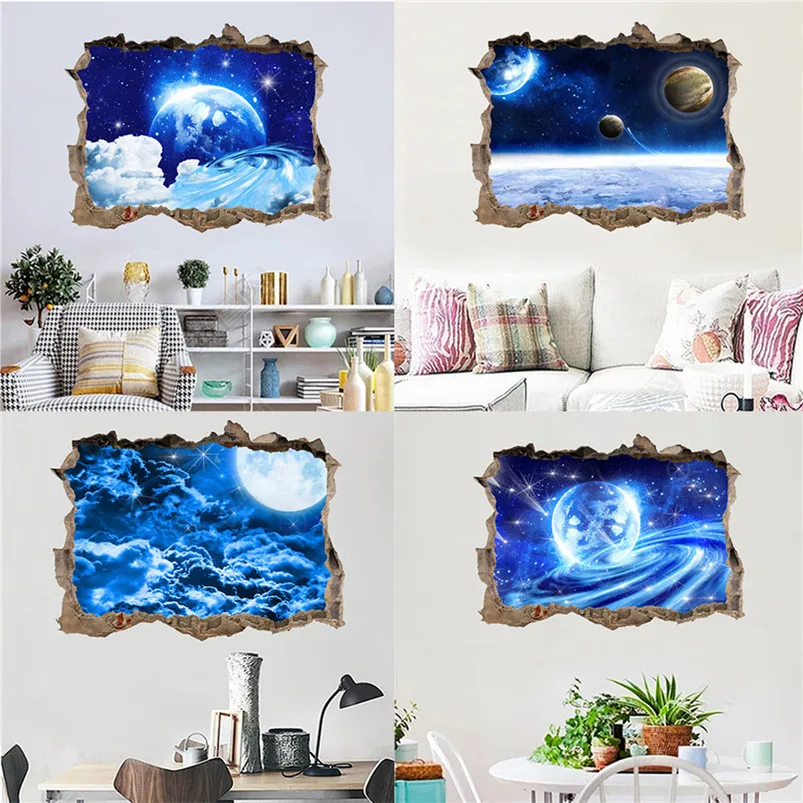 Broken Wall Starry Stickers Muraux 3D Planets Stars Sky Removable Wall Mural Decals Home Decor Adesivo De Parede 30MR706