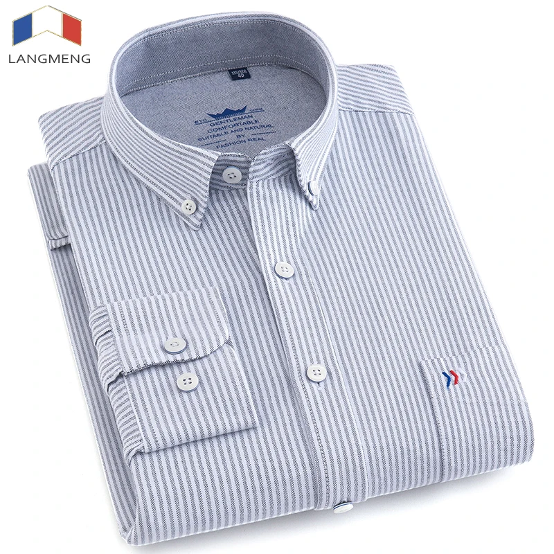 

LANGMENG 2018 Mens Long Sleeve 100% Cotton Striped Oxford Dress Shirt Men High Quality Slim Fit Casual Shirts Brand Clothing