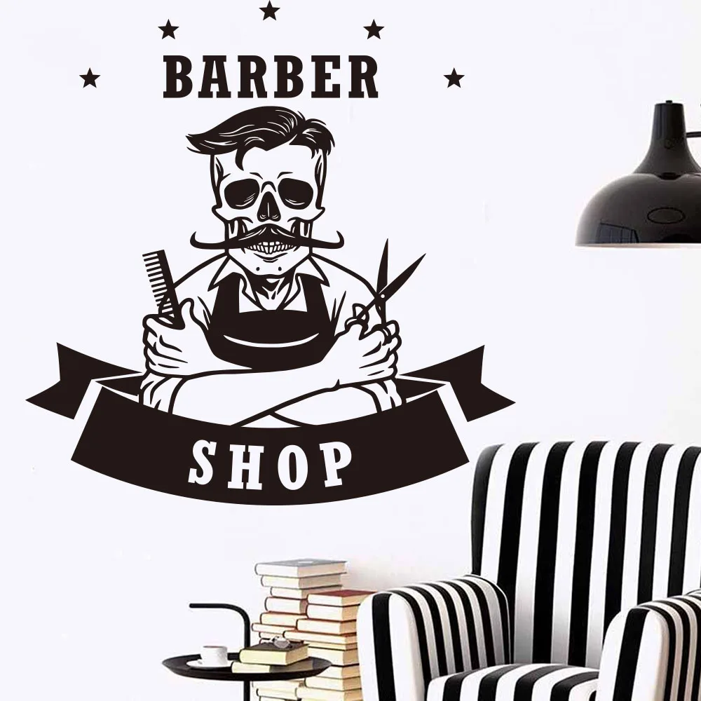 Large Hairdresser Skeleton Barber Shop Wall Sticker Barber Barbershop Hair Skull Wall Decal Vinyl Home Decor (2)