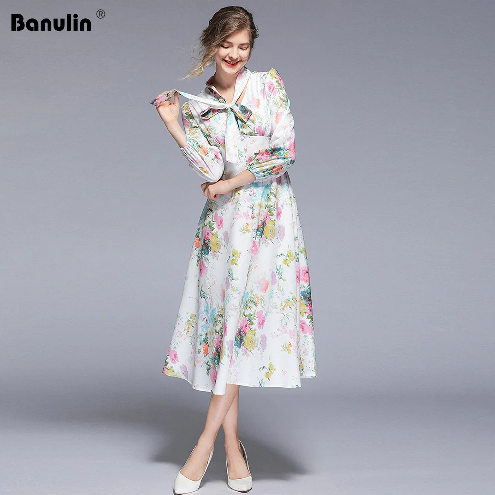 Banulin NEW Vintage Woman Spring Maxi Dress Bow V-Neck Female Print Long Dress Lady Runway Dress Robe Longue Femme B5413 Banulin NEW Vintage Woman Spring Maxi Dress Bow V-Neck Female Print Long Dress Lady Runway Dress Robe Longue Femme B5413