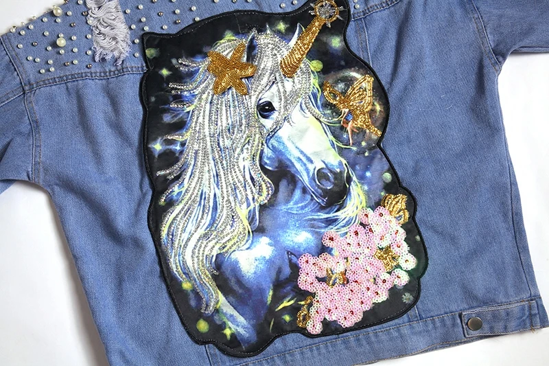 LYFZOUS Pearl Dotted Unicorn Patch Denim Jacket Women Tearing Hole Sequin Lapel Long Sleeve Jean Coat Autumn Blue Denim Jackets