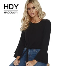 HDY Haoduoyi Simple Temperament Elegant Sweet Chic Round Neck Solid Lotus Leaf Sleeve Chiffon Shirt Blouse Women Autumn New chic round neck raglan sleeve feather print blouse for women