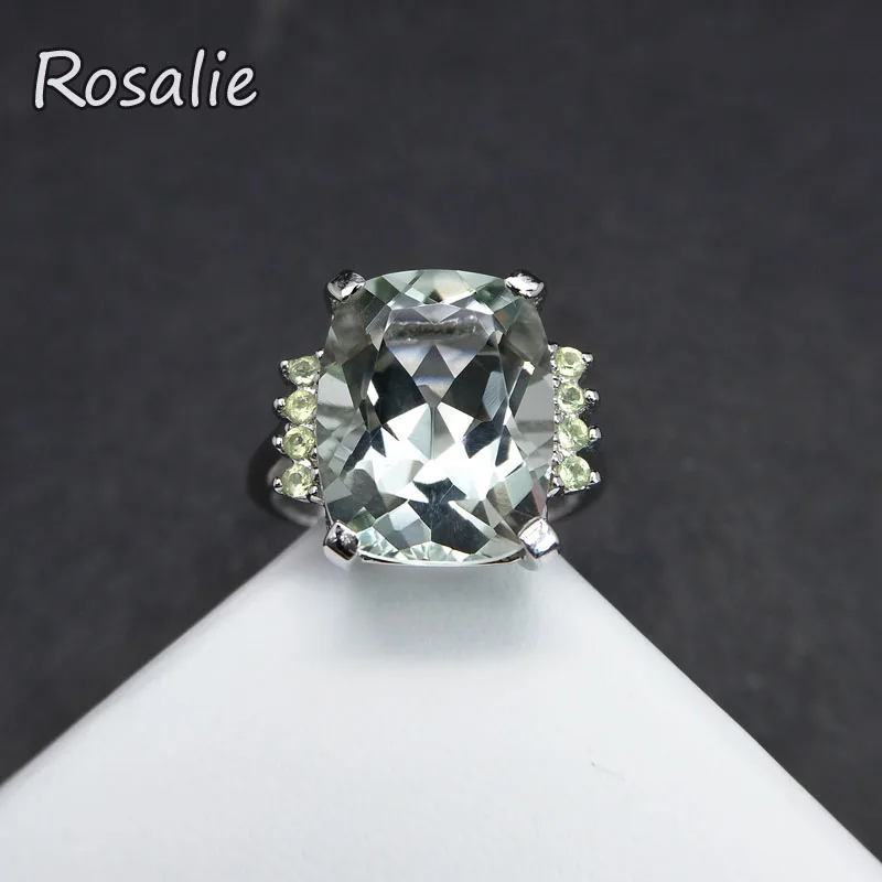 Rosalie,Natural Green amethyst quartz cushion 11*14mm gemstone Ring solid 925 sterling silver fine jewelry for women nice gift