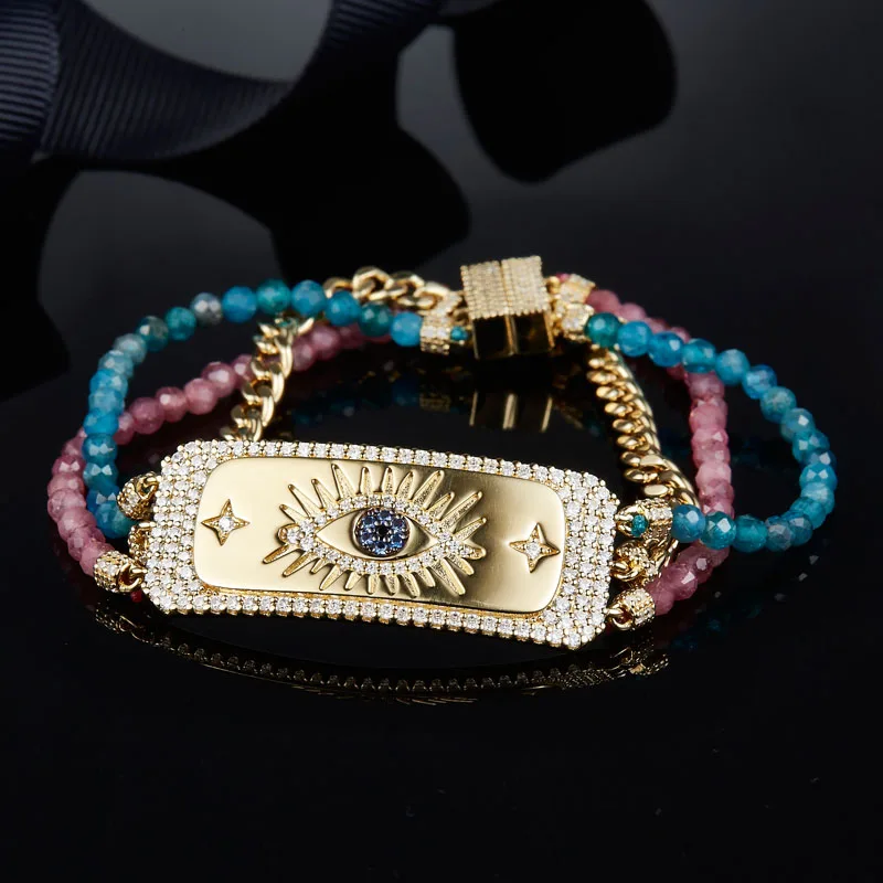 

SLJELY 925 Sterling Silver Zircon Golden Pop Lucky Eye Bracelet Pink Blue Beads Three Layer Chains Bracelet Women Monaco Jewelry