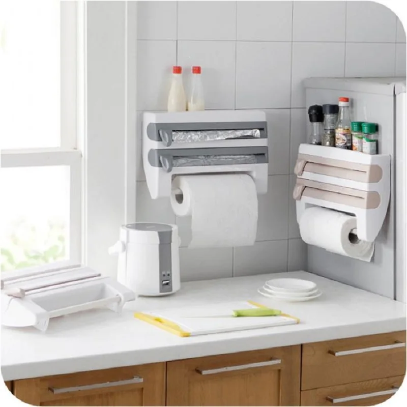 

Plastic Refrigerator Cling Film Cutting Storage Rack Wrap Cutter Tin Foil Paper Towel Holder Kitchen Shelf Plastic Hang Holder