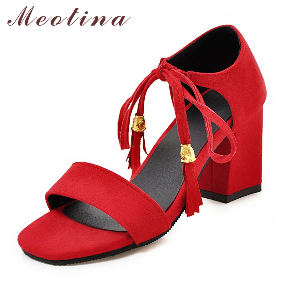 red fringe block heels