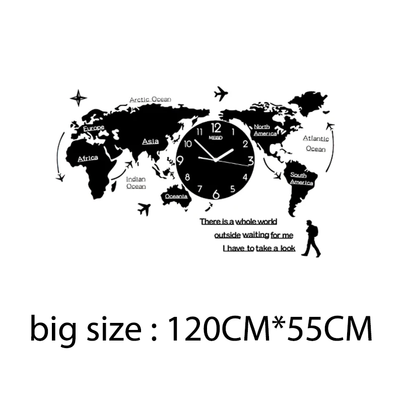 Large 3D World Map Wall Clocks Modern Design Glow In Dark Hanging Silent Wall Clocks Mute Acrylic Unique Wall Clocks - Цвет: Black(120CMx55CM)