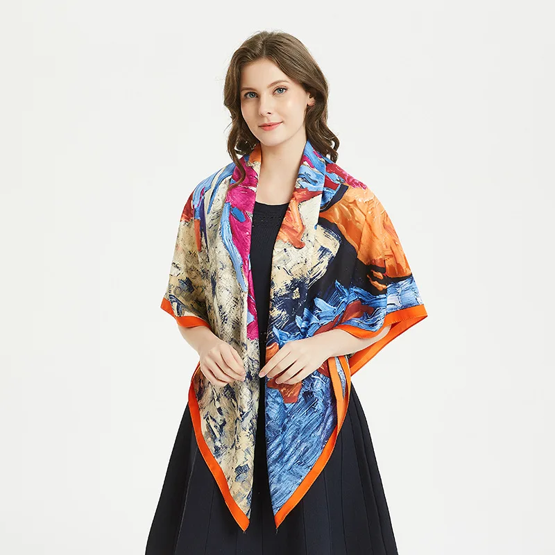 

2019 Fashion Kerchief Silk Scarf For Women Floral Painting Print Hijab Scarfs 130cmX130cm Square Shawls Wraps Scarves For Ladies