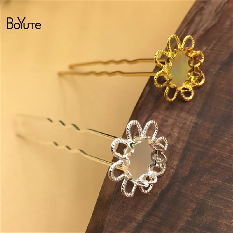 BoYuTe 10Pcs 10MM Cabochon Base Blank Tray Silver Gold 75MM Length U Shaped Hair Stick Kanzashi Hair Jewelry Accessories (2)