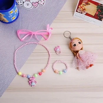 

Free shipping 25set lot Beaded ring necklace Hand catenary doll glasses Girl jewelry set Children Day birthday gift party favors
