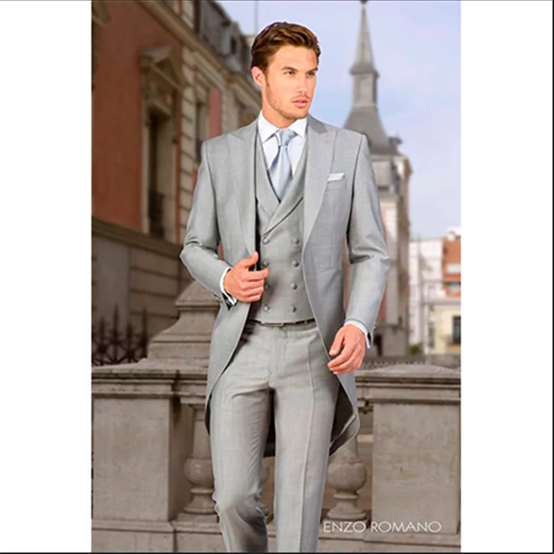Hommes Manteau Pantalon Trois Pièces Costumes Gris Clair