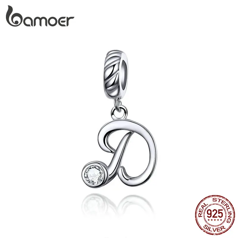 BAMOER 26 Letters alphabet Pendant 925 Sterling Silver Handwritten Language Pendants Charm for Bracelets and Necklace SCC1183 gold ring 925 Silver Jewelry