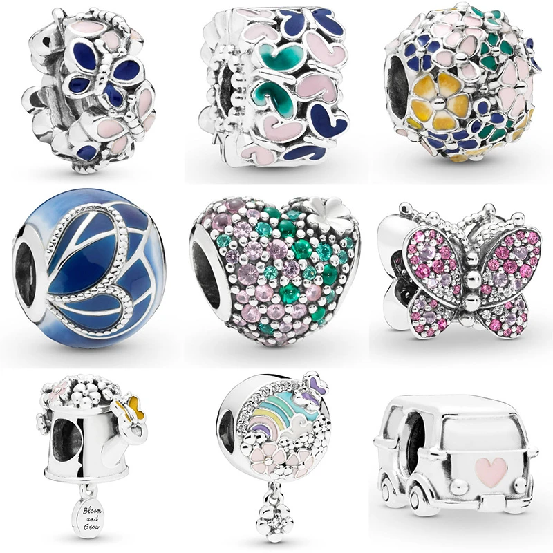 Cuentas de Color plateado para pulseras Pandora, brazaletes y pulseras originales, de cristal brillante, corazón, mariposa, flor|cuentas| -