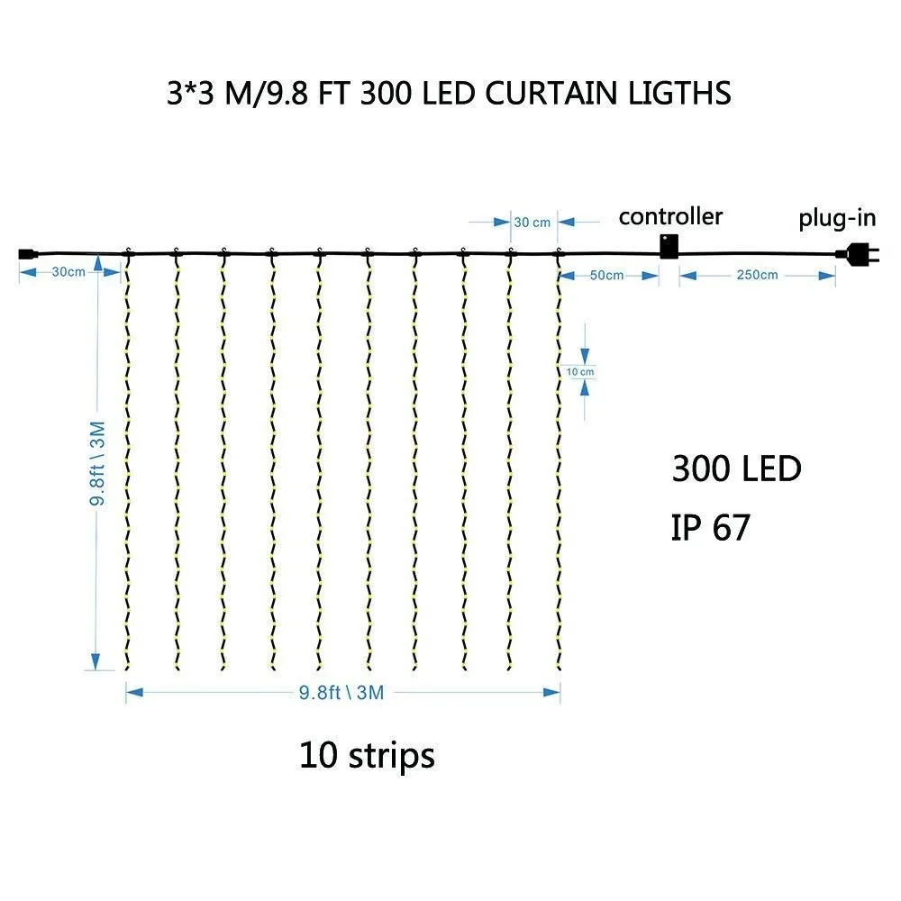 8 режимов IP67 окна Шторы огни открытый светодиодный огни строки 300 сосулька Рождественская гирлянда Спальня настенный Декор для дома