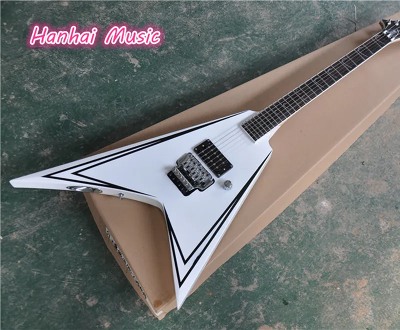 

6-String Electric Guitar,White Color Body with Flying V Shape,Chrome Hardware with Floyd Rose,1 Open Pickups and can be Custom
