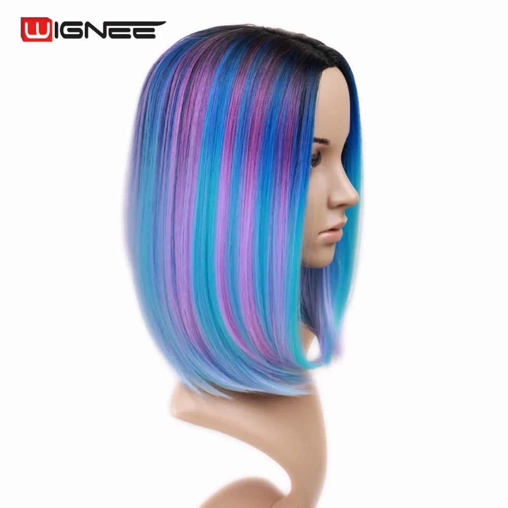 

Wignee High Temperature Synthetic Mixed Colored Purple/Pink/Blue/Black Rainbow Glueless Bob Wigs For Women Party/Cosplay Hair