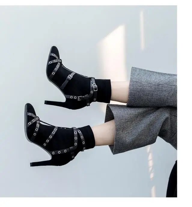 

2018 European and American new style autumn winter pointed toe thin heel ankle boots rivet buckle genuine leather women's boots