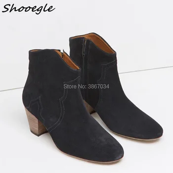 

SHOOEGLE Burgundy Color Ankle Boots Women Embroidery Suede Leather Point Toes Botas Mujer Ladies Thick High Heel Gladiator Boots