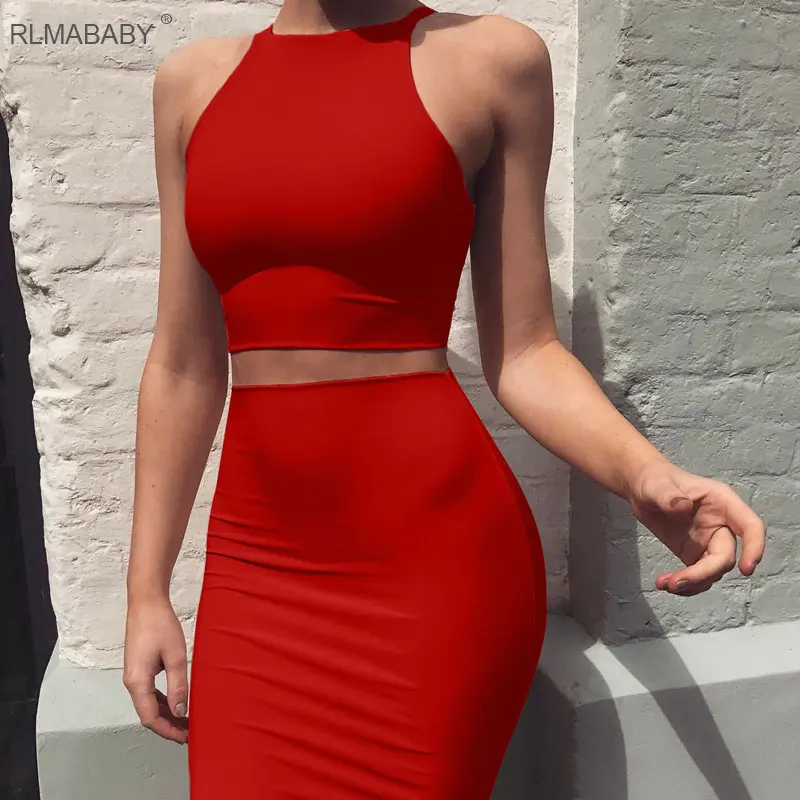 Rlmaaby сексуальное облегающее платье без рукавов с круглым вырезом, облегающее платье для ночного клуба, комплект из 2 предметов, платье миди, обтягивающее офисное женское красное платье Vestidos - Цвет: Red