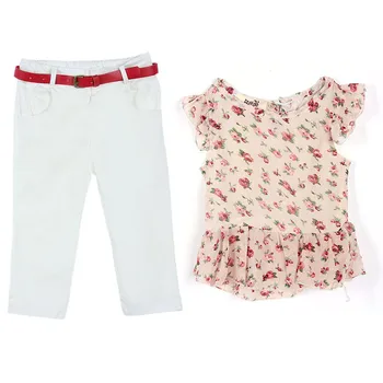 

3pcs Summer Kids Baby Girls Clothes Flower Printed Shirt + Long White Pants + Belt Set 100% Cotton Tracksuit For Girls