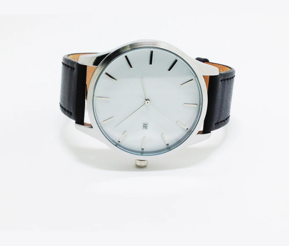 Silver Watches Large Case Design No Name Genuine Leather Band Quartz