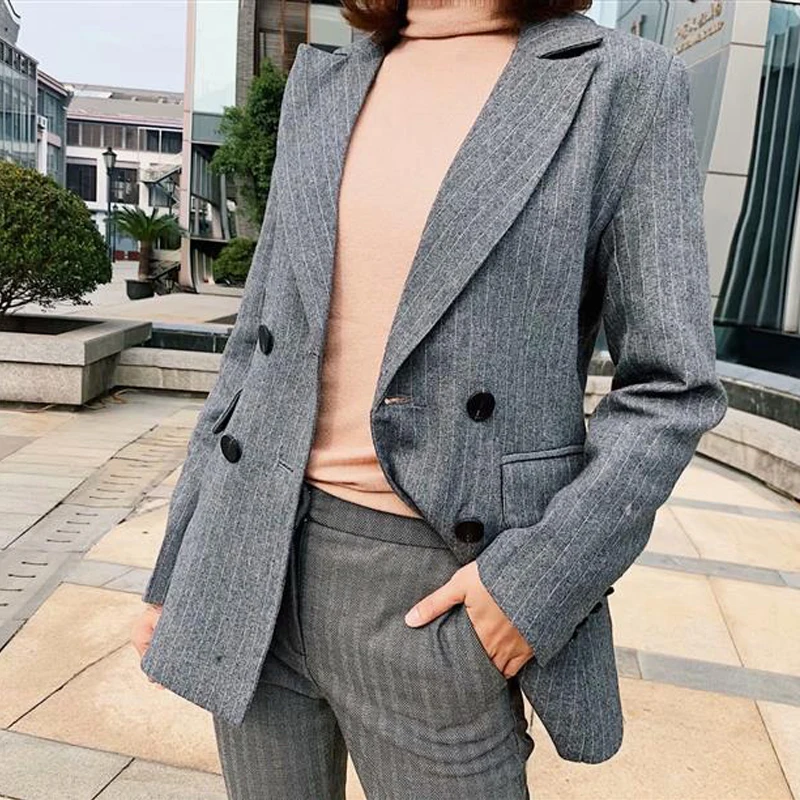 

Korean Fashion Double Breasted Blazers Jacket Women Relaxed Long Blazers Lady Small Suit Notched Collar