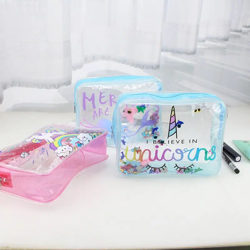 Creative Unicorn Pattern Cosmetic Bag PVC Transparent Cute Makeup Case Waterproof Portable Bath Make Up Toiletry Bag Pouch