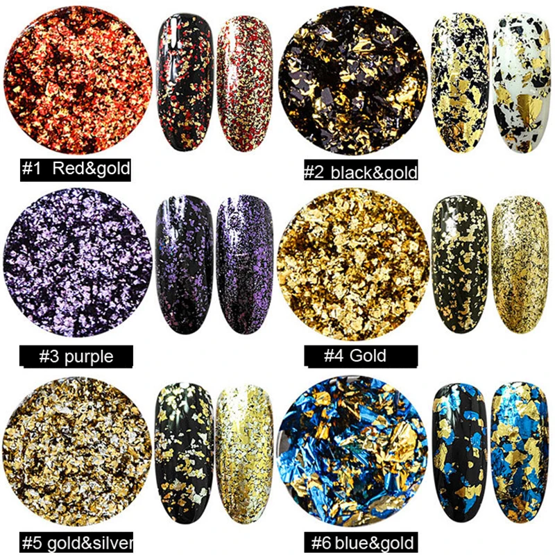 

6 Jar Nail Art Foil Paper Set Aluminum Flakes Mirror Effect DIY Nail Foil Sticker Glue Powders Irregular Sequins Chrome Pigment