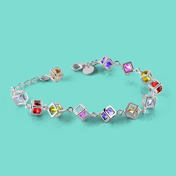 

925 sterling silver bracelet,Sweet girl style silver bracelet,Color crystal inlay design 6.5mm width chain,A birthday present