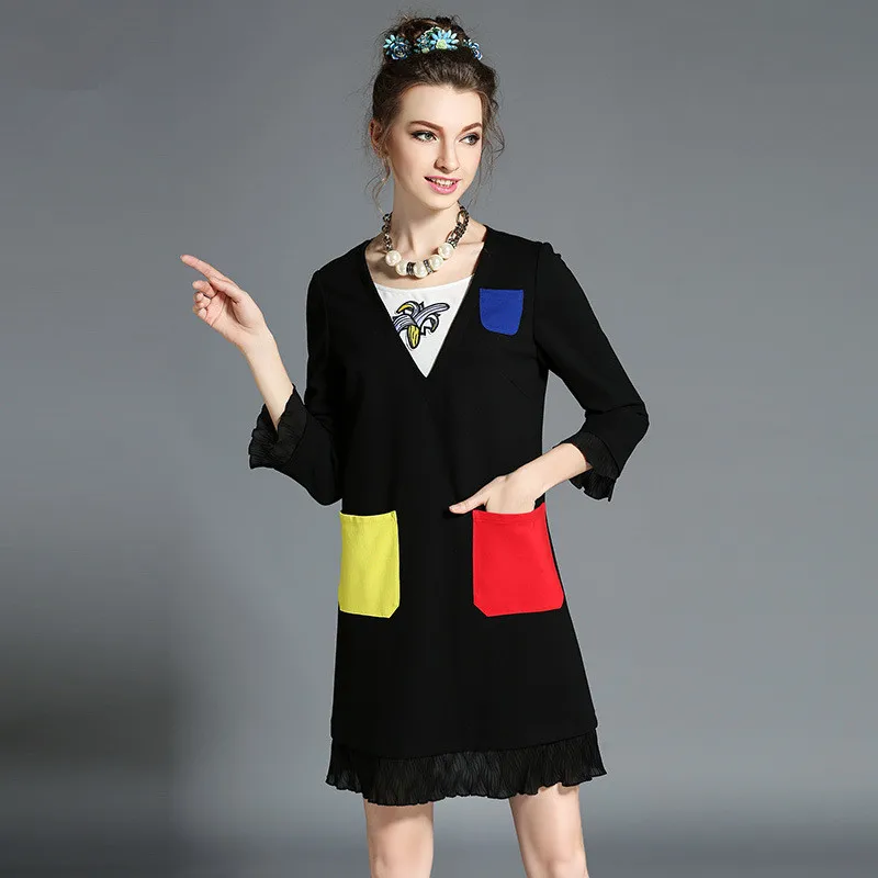 Plus Taille Des Robes La Dame Haute Robe 2017 Broderie Automne Mini Qualité 5xl Poche Nouveau Noire xxxl Ouyalin Femmes L Colorée 4xl De BYnSz8xqw