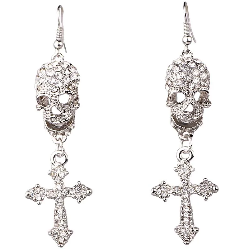 

Women Fashion Jewelry Skull Cross Style Earrings Handmade Rhinestone Drop crystal Dangle Long earrings for women girls