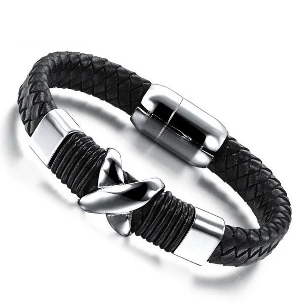 

2019 Fashion Leather Bracelet Men Jewelry Stainless Steel Cross Mens Jewellery Gift Pulseras Hombre Man Bracelets Hand Pulseira