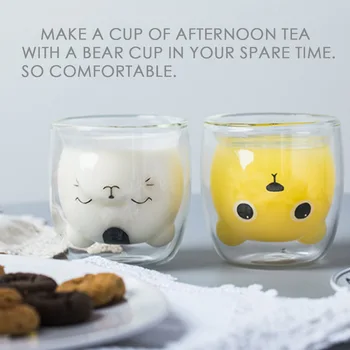 

Double-layer Mug Glass Custom Creative Cat Foot Cup Animal Cute Little Panda Claw Hot Wayer for Coffie Glass Juice Cup Beer