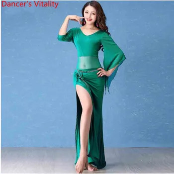 

Girls Women Belly Dance Half Sleeves Dress Performance Dancewear Lady Oriental Indian Dance Splicing Cut out Clothes Outfits