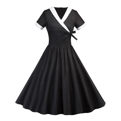 Oten женский популярный товар летняя модная одежда короткий рукав v-образный вырез винтажное Ретро 50 s 60 s рокабилли в стиле пин-ап расклешенное платье - Цвет: Черный