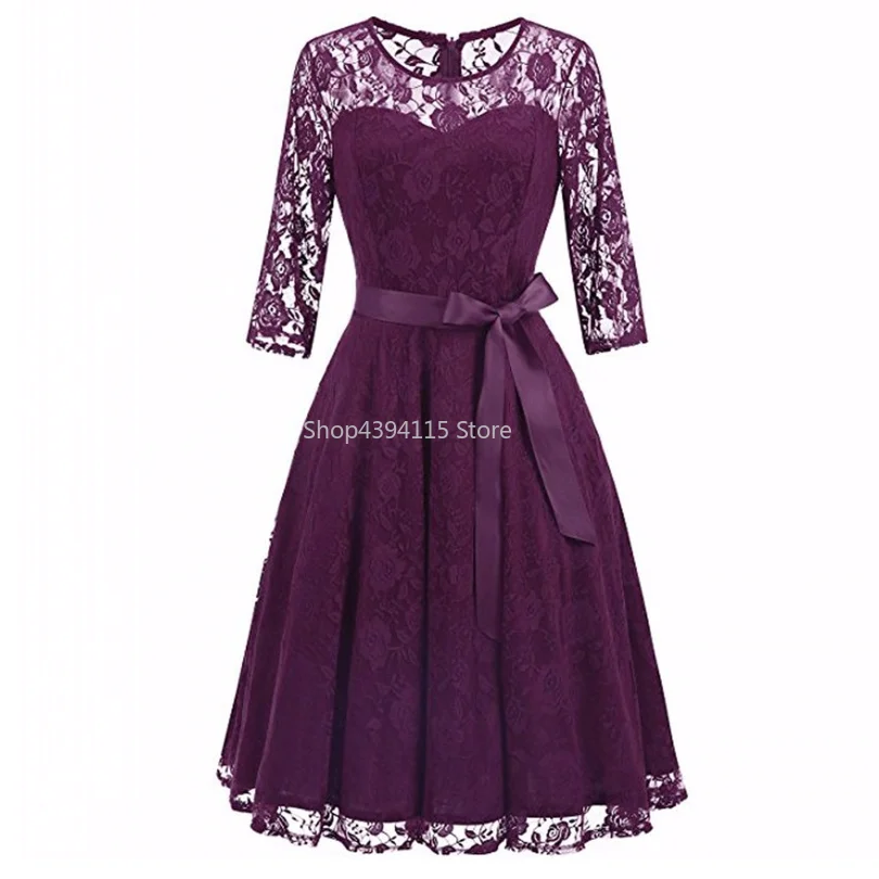 

2019 Robe Femme Embroidery Vintage Lace Dress Women O neck hollow out Dresses 3/4 Sleeve Casual Evening Party A Line Vestidos
