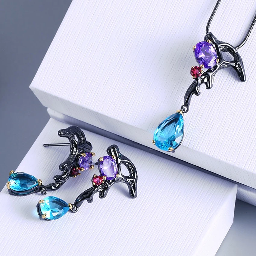 

ZHE FAN 2 Tone Jewelry Sets Blue Teardrop Shape AAA Cubic Zircon Black Gold Color Plated Necklace Earrings For Women Party Gift