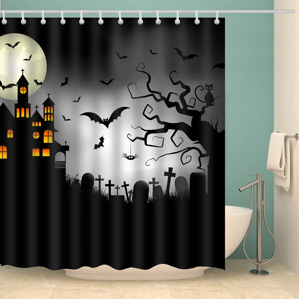 Shower Curtain Halloween Castle Cemetery Print Water Resistance Fabric