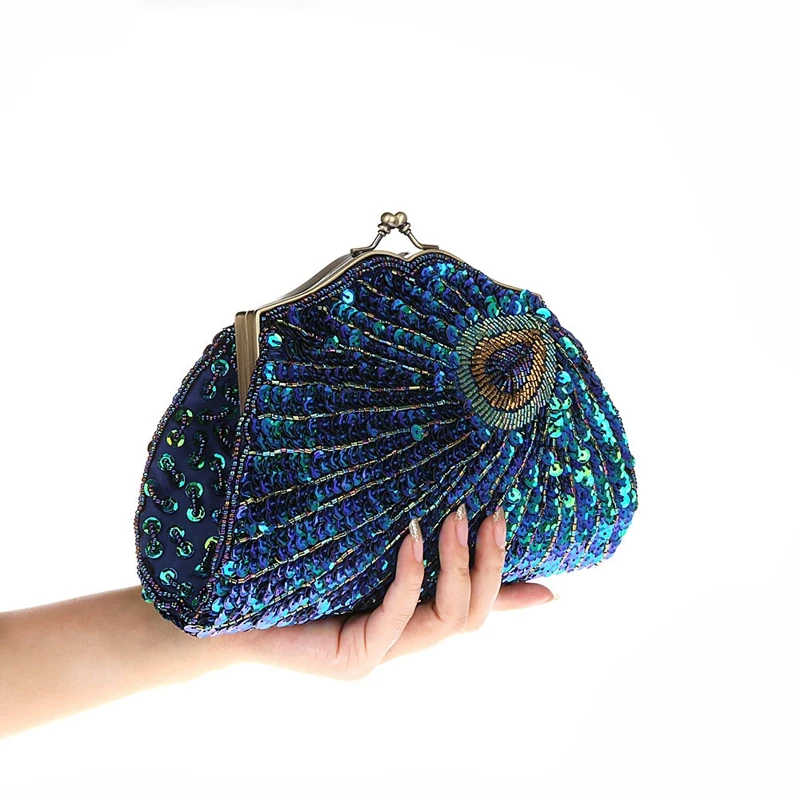 2018 New Retro Beaded Sequined Women Evening Bags Peacock Feather