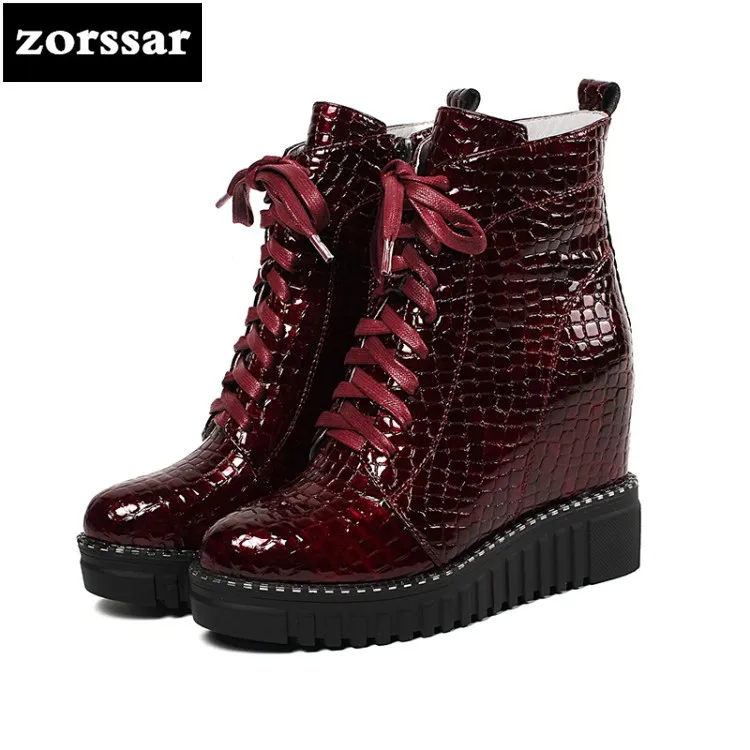 

{Zorssar} Female snow boots high heels Wedges Shoes Leather Height Increasing platform Ankle Boots winter warm Women's Shoes